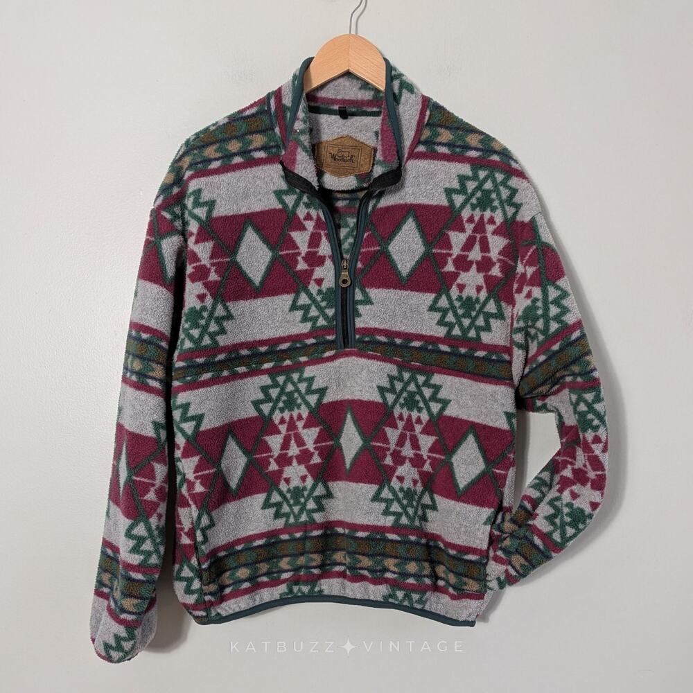 Woolrich 1/4 Zip Fleece Mens M Gray Green Vintage 90s Pocket Geometric Southwest